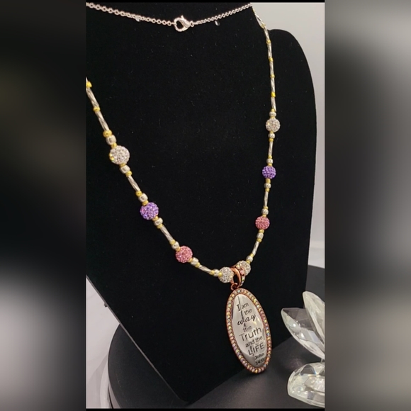 Artisan Hand Crafted beaded, Sparkley Inspirational necklace w/ studded Pendant - Picture 3 of 4